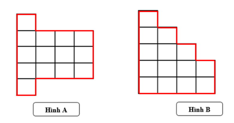 So sánh chu vi hình A và chu vi hình B, biết mỗi cạnh của 1 ô vuông có độ dài 1 cm (ảnh 2)