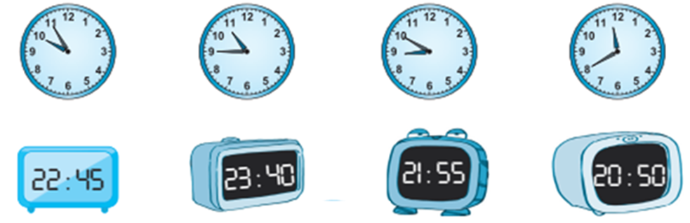 Nối hai chiếc đồng hồ chỉ cùng thời gian vào buổi tối. (ảnh 1)