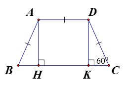 Cho hình thang cân ABCD có góc C = 60 độ , đáy nhỏ AD bằng cạnh bên của hình thang. a) Tính các cạnh của hình thang. (ảnh 1)