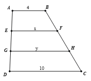 Tính các độ dài x và y trên hình. Biết AB // EF // GH // CD, AE = EG = GF, AN = 4, CD = 10 (cm). (ảnh 1)