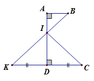 Cho hình thang vuông ABCD (góc A = góc D = 90 độ). Gọi K là điểm đối xứng với C qua AD. CMR: góc AIB = góc CID. (ảnh 1)