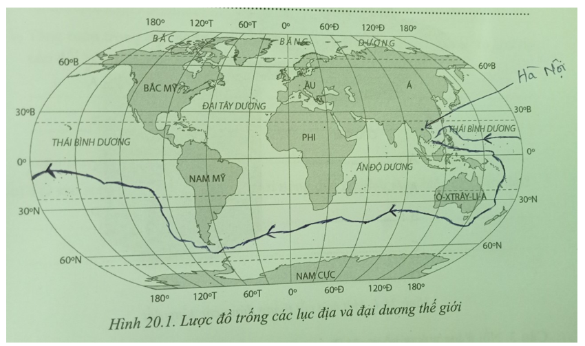 Quan sát hình 20.1, hãy: 1. Điền tên bốn đại dương chính vào hình. 2. Xác định và đánh dấu vị trí của Thủ đô Hà Nội (Việt Nam) trên lược đồ. (ảnh 2)