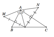 Cho tam giác ABC,  góc A nhỏ hơn bằng 90 độ. Trên cạnh BC lấy một điểm D. Vẽ điểm M đối xứng với D qua AB, điểm N đối xứng với D qua AC. (ảnh 1)