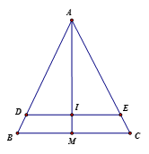 Cho tam giác ABC cân tại A. Các điểm D, E theo thứ tự chuyển động trên cạnh AB, AC sao cho AD = AE. (ảnh 1)