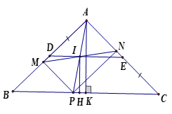 Cho tam giác ABC cân tại A, các điểm M, N theo thứ tự di động trên các cạnh AB, AC sao cho AM = CN. Hãy tìm tập hợp trung điểm I của MN (ảnh 1)