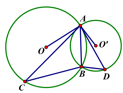 Cho hai đường tròn (O) và (O’) cắt nhau tại A và B. Vẽ dây AC của đường tròn (O) tiếp xúc với đường tròn (O’).  (ảnh 1)