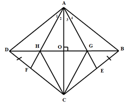 Cho hình thoi ABCD . Trên các cạnh BC  và CD  lần lượt lấy hai điểm E  và F  sao cho BE = DF. Chứng minh rằng tứ giác AGCH  là hình thoi. (ảnh 1)