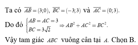 Trong mặt phẳng tọa độ Oxy  cho tam giác ABC  có A(-2; -1), B( 1, -1) và C(-2; 2) . Khẳng định nào sau đây là đúng (ảnh 1)