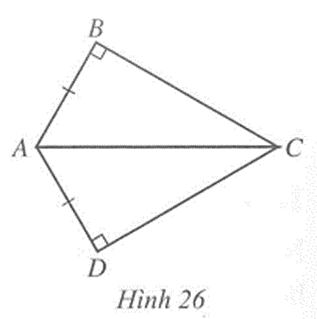 Cho Hình 26 có AB = AD, góc ABC = góc ADC = 90 độ. Chứng minh góc ACB = góc ACD (ảnh 1)