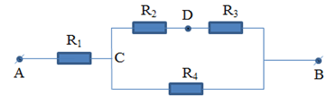 Trong đó R1 = 2 Ω , R2 = 6 Ω , R3 = 4 Ω, R4 = 10 Ω . Hiệu điện thế UAB = 28V. Tính điện trở tương đương của đoạn mạch. (ảnh 1)