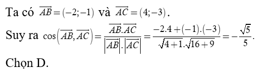 Trong mặt phẳng tọa độ Oxy  cho ba điểm A(1,2), B( -1, 1)  và C( 5; -1) . Tính cosin của góc giữa hai vectơ AB  và AC (ảnh 1)