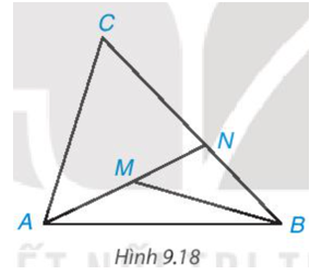 Cho điểm M nằm bên trong tam giác ABC. Gọi N là giao điểm của đường thẳng AM và cạnh BC (H.9.18). (ảnh 1)