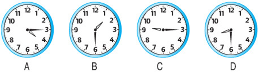 Đồng hồ nào dưới đây chỉ 8 rưỡi? A. Đồng hồ A B. Đồng hồ B C. Đồng hồ C D. Đồng hồ D (ảnh 1)