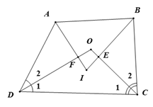 Cho tứ giác ABCD có  O là giao điểm các tia phân giác của các góc  C và D . a) Tính góc COD  biết góc A = 120 độ, góc B = 90 độ. (ảnh 1)