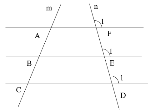 Cho hình vẽ dưới đây. Biết góc F1= góc E1= góc D1 . Có bao nhiêu cặp đường thẳng song song với nhau? (ảnh 1)