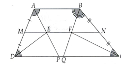Cho hình thang ABCD (AB//CD) với AB = a, BC = b, CD = c và DA = d. a) Chứng minh M, E, N, F cùng nằm trên một đường thẳng. (ảnh 1)