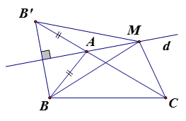 Cho ABC, gọi d là đường phân giác ngoài ở đỉnh A. Trên đường thẳng d lấy điểm M (M khác A). CMR: BA + AC < BM + MC (ảnh 1)