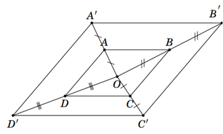 Cho hình bình hành ABCD và một điểm O trong hình đó. Vẽ các điểm A', B', C', D' đối xứng với O qua các đỉnh A,B,C,D. (ảnh 1)