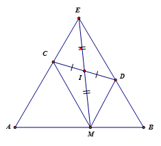 Cho đoạn thẳng AB, điểm M chuyển động trên đoạn thẳng ấy. Vẽ về một phía của AB các tam giác đều AMC, BMD (ảnh 1)
