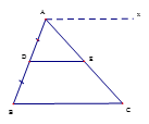 Cho tam giác ABC  có D là trung điểm của AB, kẻ DE // BC (E thuộc AC). Chứng minh rằng AE = EC. (ảnh 1)