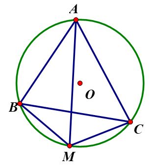 Cho tam giác ABC nhọn nội tiếp đường tròn (O). Tia phân giác của góc A cắt (O) tại M. a)	CMR : tam giác BMC cân. (ảnh 1)
