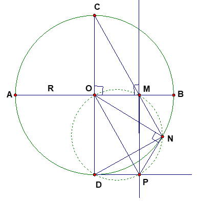 Cho đường tròn tâm O bán kính R, hai đường kính AB và CD vuông góc với nhau. (ảnh 1)