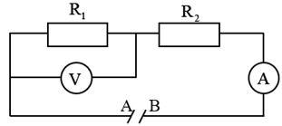 Cho mạch điện có sơ đồ như hình 14 trong đó điện trở R1 = 10 Ω, R2 = 20 Ω, hiệu điện thế hai đầu đoạn mạch AB bằng 12 V.  (ảnh 1)