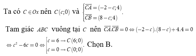 Trong mặt phẳng tọa độ Oxy  cho hai điểm A( -2,4)  và B( 8,4).  Tìm tọa độ điểm  C thuộc trục hoành sao cho tam giác ABC  vuông tại C  (ảnh 1)