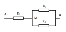 Cho mạch điện như hình vẽ, biết  R1 = 4Ω, R2 = 10Ω, R3 = 15Ω, U = 5V. Tính điện trở tương đương của mạch? (ảnh 1)