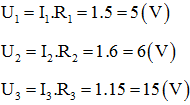 Một đoạn mạch gồm ba điện trở mắc nối tiếp nhau. Giá trị các điện trở  R1 = 5 Ω, R2 = 6 Ω, R3 = 15 Ω (ảnh 1)