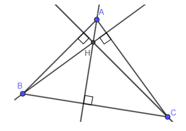 Cho tam giác ABC. Vẽ trực tâm H của tam giác ABC và nhận xét vị trí của nó trong các trường hợp sau:  a) ABC là tam giác nhọn; (ảnh 1)