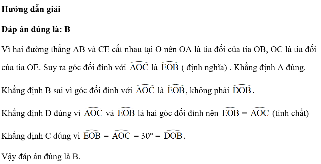 Cho hai đường thẳng AB, CE cắt nhau tại O và tia OD như hình vẽ. Trong các khẳng  (ảnh 2)