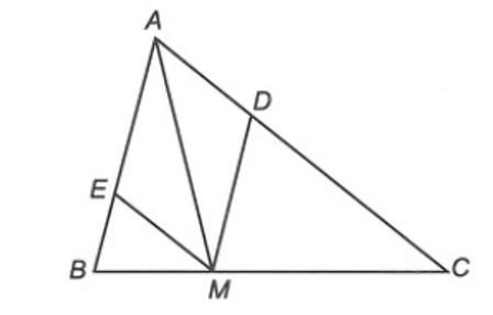 Cho tam giác ABC, điểm M thuộc cạnh BC. Đường thẳng đi qua M và song song (ảnh 1)