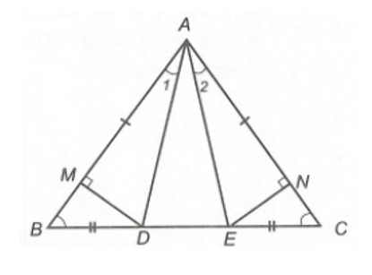Cho ∆ABC có AB = AC và góc B= góc C. Trên cạnh BC, lấy hai điểm D và E sao cho (ảnh 1)