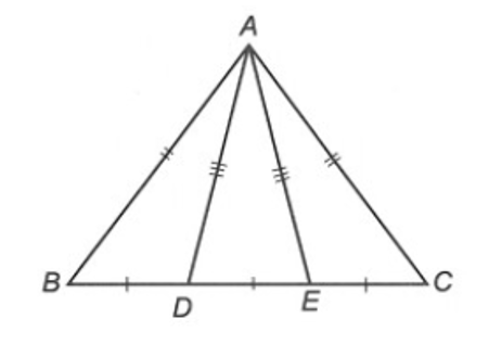 Cho tam giác ABC có AB = AC. Gọi D, E là hai điểm thuộc cạnh BC sao cho BD = DE = EC (ảnh 1)
