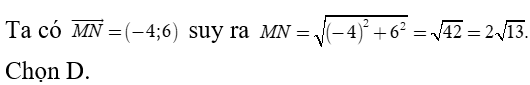Trong mặt phẳng tọa độ Oxy  tính khoảng cách giữa hai điểm M( 1; -2)  và N( -3;4) (ảnh 1)