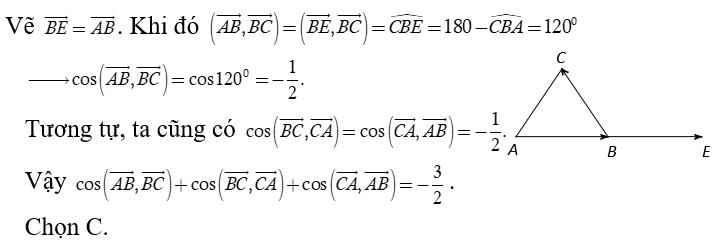 Cho tam giác đều ABC.  Tính P = cos ( vecto AB, vecto BC)+ cos ( vecto BC, vecto CA) + cos ( vecto CA, vecto AB)  (ảnh 1)