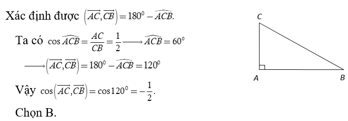 Tam giác ABC  vuông ở A  và có BC = 2AC.  Tính cos ( vecto AC, vecto CB) (ảnh 1)