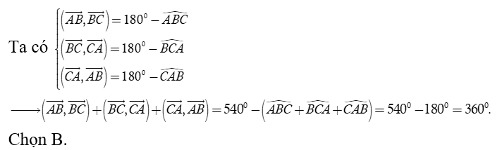 Cho tam giác ABC . Tính tổng  ( vecto AB, BC) + ( vecto BC, CA) + ( vecto CA, AB) (ảnh 1)