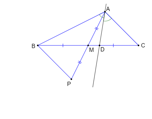 Cho tam giác ABC với AB > AC. Gọi M là trung điểm của cạnh BC. a) Hãy so sánh hai góc MAB và MAC. (ảnh 1)