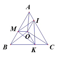 Cho tam giác ABC đều. Lấy điểm O nằm trong tam giác. Kẻ OI//AB (I thuộc AC), OM//BC (M thuộc AB), OK//AC (K thuộc BC).  (ảnh 1)