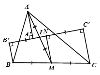 Cho tam giác ABC, AM là trung tuyến. Vẽ đường thẳng d qua trung điểm I của AM cắt các cạnh AB, AC. Gọi A', B' ,C' thứ tự là hình chiếu của A, B, C lên đường thẳng d  (ảnh 1)