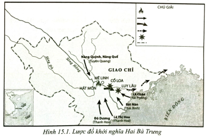 Dựa vào Hình 15.1. Lược đồ khởi nghĩa Hai Bà Trưng, hãy điền thông tin vào bảng chú giải (ảnh 1)