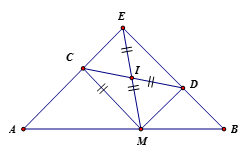 Cho đoạn thẳng AB, điểm M chuyển động trên đoạn thẳng ấy. Vẽ về một phía của AB các tam giác AMC vuông cân tại C, BMD vuông cân tại D.  (ảnh 1)