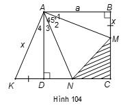 Cho hình vuông ABCD cạnh a. Trên hai cạnh BC, BD lấy hai điểm M, N sao cho MAN = 45 độ. Hãy tính:  a) Số đo góc KAN. (ảnh 1)