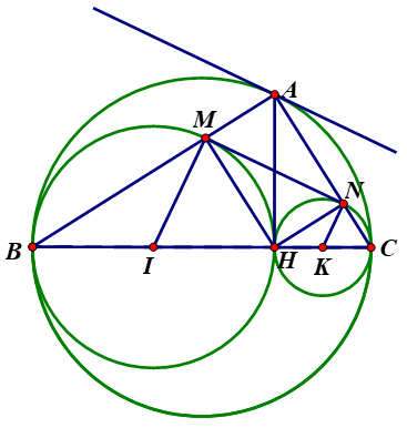 Cho tam giác ABC vuông tại A, đường cao AH. Vẽ (I) đường kính BH cắt AB ở M. (ảnh 1)