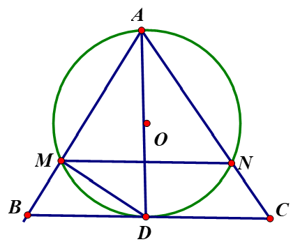Cho tam giác ABC, phân giác trong AD. Đường tròn (O) đi qua A, tiếp xúc với BC tại D.  (ảnh 1)