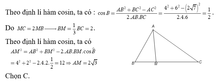 Tam giác ABC  có AB = 4; BC = 6; BC = 2 căn 7 . Điểm M  thuộc đoạn  BC sao cho MC = 2MB . Tính độ dài cạnh AM . (ảnh 1)