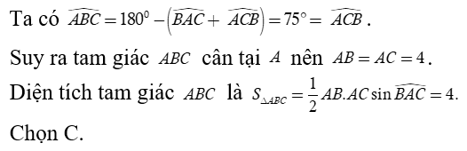 Tam giác ABC  có AC = 4, góc BAC = 30 độ, góc ACB = 75 độ . Tính diện tích tam giác ABC (ảnh 1)