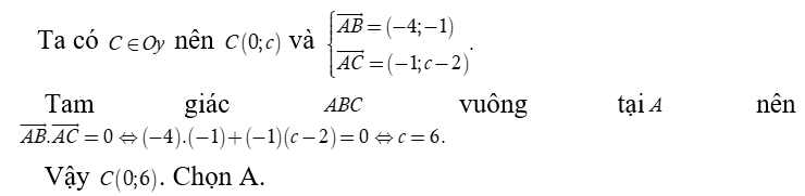 Trong mặt phẳng tọa độ Oxy  cho hai điểm A( 1,2) và B( -3, 1)  Tìm tọa độ điểm  C thuộc trục tung sao cho tam giác ABC  vuông tại A (ảnh 1)